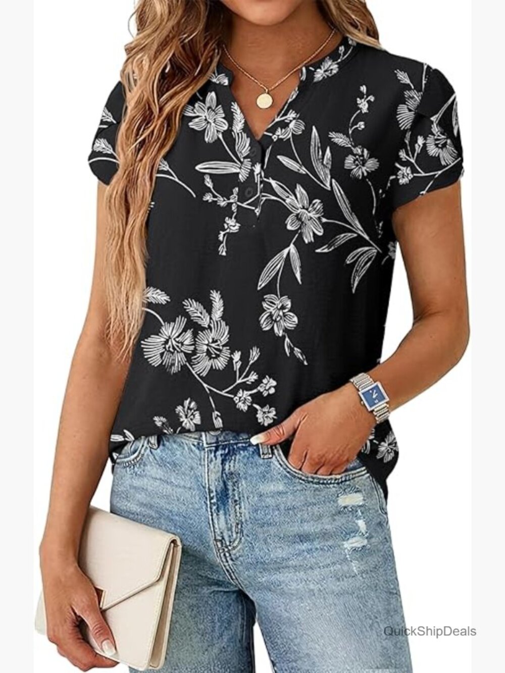 Polyester Blend V-Neck Button-Down Shirt Cap Sleeve Blouse Business Casual